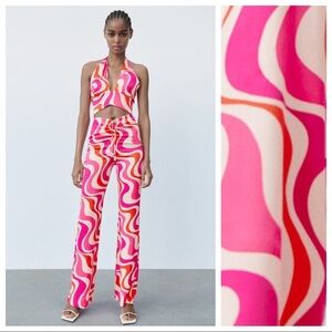 NWT. Zara Pink/Cream Viscose Satin Effect Printed High-Waist Trousers. Size S.